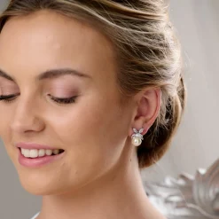 Lace & Favour Bridesmaid Gifts | Silver Wedding Jewellery*Ava Crystal Leaves and Pearl Wedding Earrings Ivory/ Silver