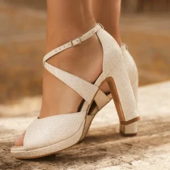 Avalia Shoes Sparkly Prom Shoes | Gold Prom Shoes*Avalia Cindy Glitter Cross Strap Block Heel Platform Sandals Gold