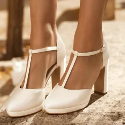 Avalia Shoes Wedding Shoes | High Heel*Avalia Coco Satin High Block Heel T-Bar Shoes Ivory