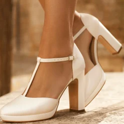 Avalia Shoes Wedding Shoes | High Heel*Avalia Coco Satin High Block Heel T-Bar Shoes Ivory