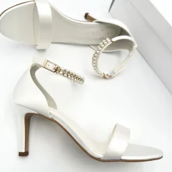 Avalia Shoes Wedding Shoes | Mid Heel*Avalia Elva Satin Barely There Pearl Ankle Strap Sandals Ivory