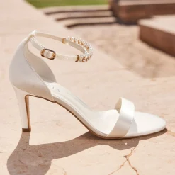 Avalia Shoes Wedding Shoes | Mid Heel*Avalia Elva Satin Barely There Pearl Ankle Strap Sandals Ivory