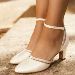 Avalia Shoes Wedding Shoes | Low Heel*Avalia Luna Satin and Silver Glitter Ankle Strap Court Shoes Ivory