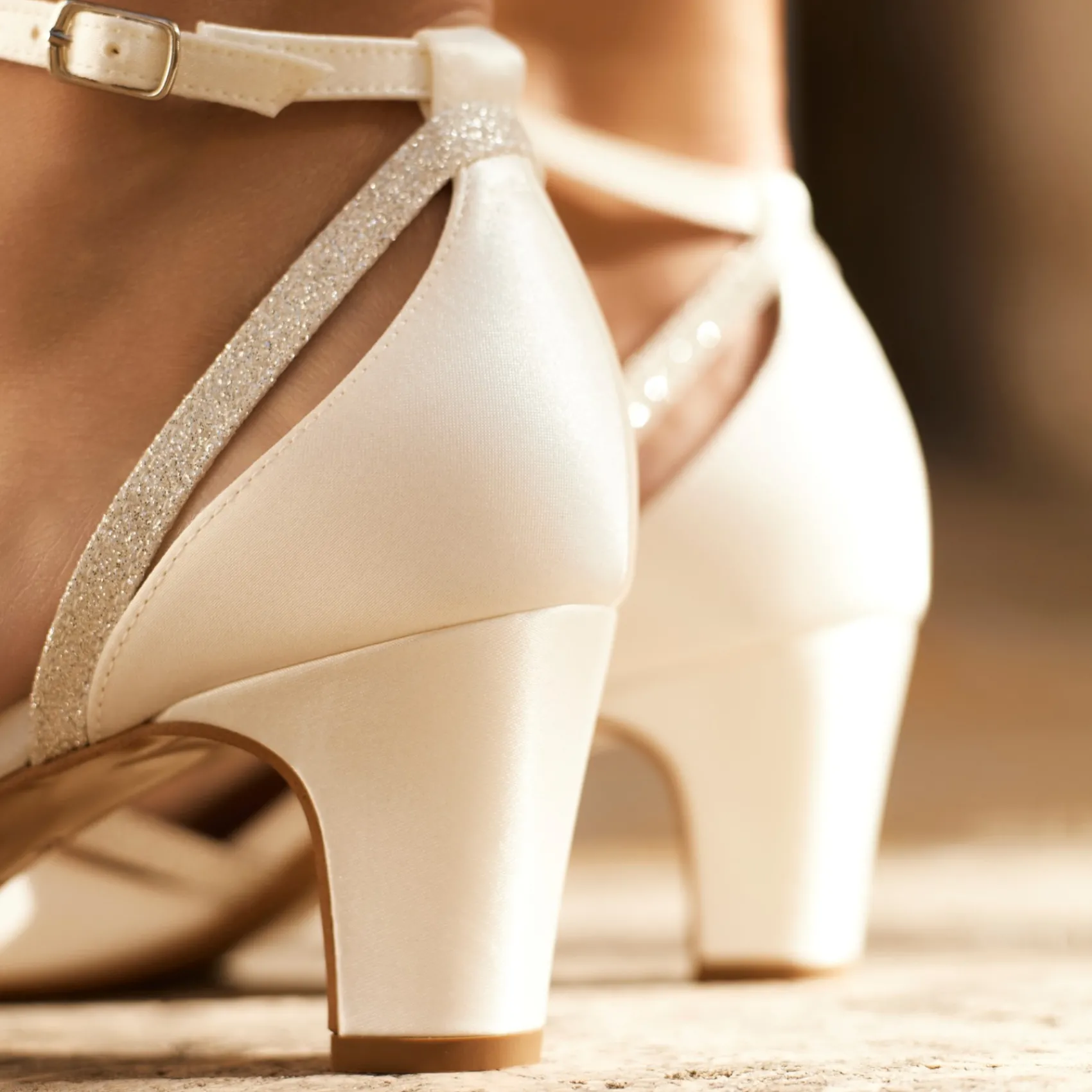 Avalia Shoes Wedding Shoes | Low Heel*Avalia Luna Satin and Silver Glitter Ankle Strap Court Shoes Ivory