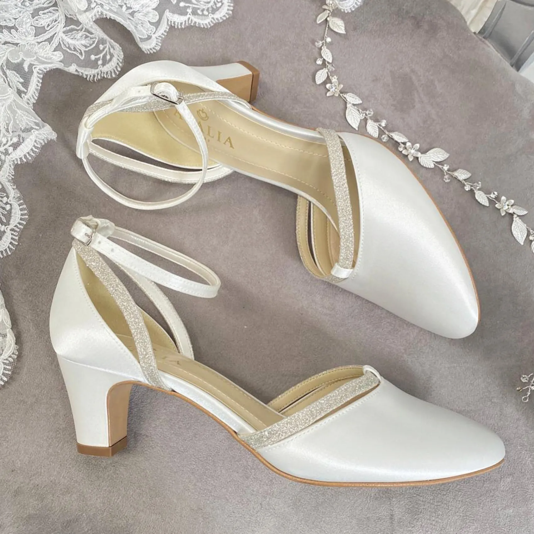Avalia Shoes Wedding Shoes | Low Heel*Avalia Luna Satin and Silver Glitter Ankle Strap Court Shoes Ivory