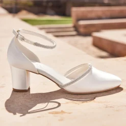 Avalia Shoes Sparkly Prom Shoes | Silver Prom Shoes*Avalia Nel Satin and Diamante Ankle Strap Mid Block Heels Ivory