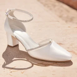 Avalia Shoes Sparkly Prom Shoes | Silver Prom Shoes*Avalia Nel Satin and Diamante Ankle Strap Mid Block Heels Ivory