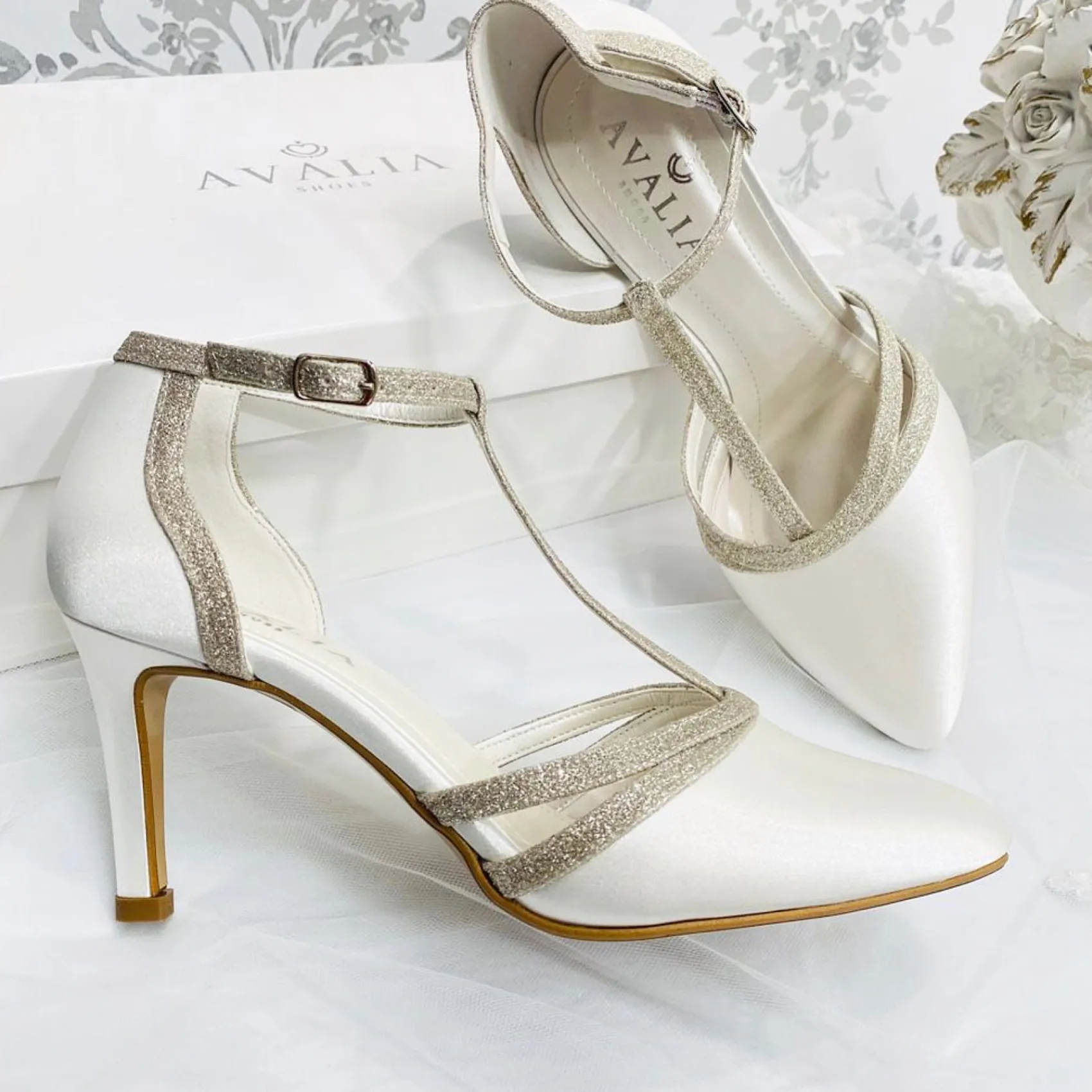 Avalia Shoes Wedding Shoes | High Heel*Avalia Wilma Ivory Satin and Silver Glitter T-Bar Shoes Ivory/ Silver