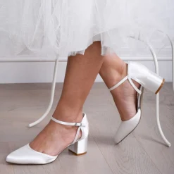 Paradox London Wedding Shoes | Low Heel*Aviana Dyeable Satin Low Block Heel Ankle Strap Court Shoes Ivory
