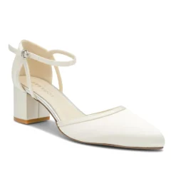 Paradox London Wedding Shoes | Low Heel*Aviana Dyeable Satin Low Block Heel Ankle Strap Court Shoes Ivory