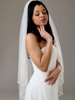 Twilight Designs Two Tier Veils | Fingertip Veils*Avondale Two Tier Bridal Veil with Pearl, Bead and Crystal Edge