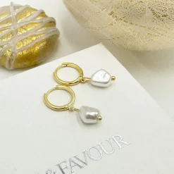 Lace & Favour Bridesmaid Gifts | Bride Gifts*Bali Gold Freshwater Pearl Huggie Hoop Earrings Ivory/ Gold