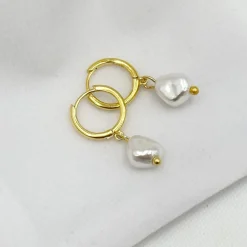 Lace & Favour Bridesmaid Gifts | Bride Gifts*Bali Gold Freshwater Pearl Huggie Hoop Earrings Ivory/ Gold
