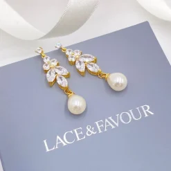 Lace & Favour Bride Gifts | Crystal Jewellery*Barcelona Gold Crystal and Pearl Drop Earrings Ivory/ Gold