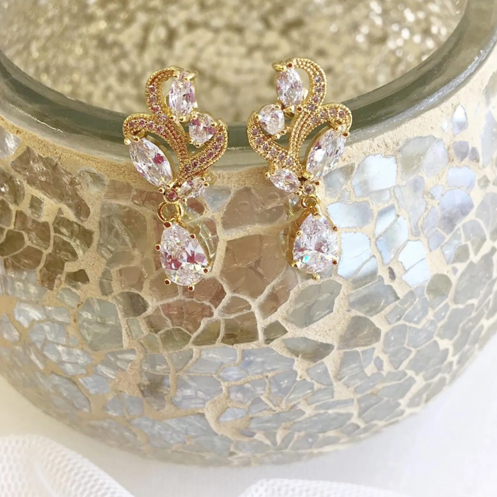 Lace & Favour Gold Prom Jewellery | Prom Earrings*Bejewelled Crystal Vintage Wedding Earrings Gold