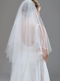Twilight Designs Two Tier Veils | Fingertip Veils*Bellavue Two Tier Scattered Pearl Veil with Cut Edge Ivory