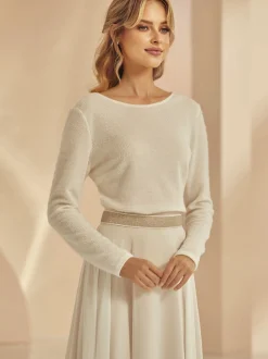 Bianco Evento Bridal Jumpers & Cardigans*Bianco Knitted Lace V Back Long Sleeve Bridal Jumper E344 Ivory