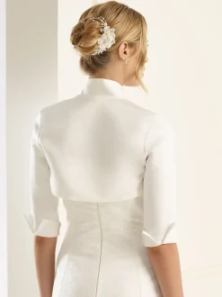 Bianco Evento Wedding Boleros And Jackets*Bianco Matte Satin 3/4 Length Sleeve Wedding Jacket E55S Ivory