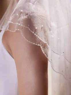Bianco Evento Two Tier Veils | Elbow Length Veils*Bianco Two Tier Scalloped Beaded Edge Short Veil S524 Ivory