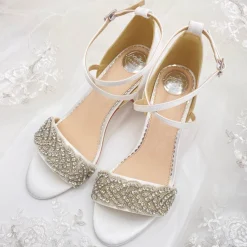 Perfect Bridal Mid Heel | Wedding Shoes*Blair Satin Crystal Embellished Block Heel Sandals Wide Fit Ivory