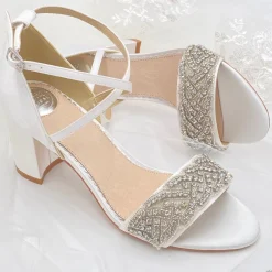 Perfect Bridal Mid Heel | Wedding Shoes*Blair Satin Crystal Embellished Block Heel Sandals Wide Fit Ivory