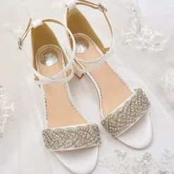 Perfect Bridal Wedding Shoes | Mid Heel*Blair Satin Crystal Embellished Cross Strap Block Heel Sandals Ivory