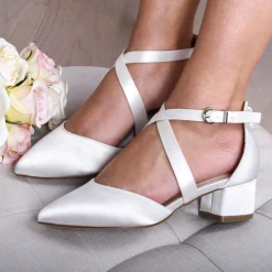 Paradox London Wedding Shoes | Low Heel*Blanche Dyeable Satin Wide Fit Cross Strap Low Block Heels Ivory
