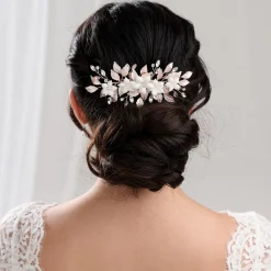 Lace & Favour Crystal Hair Accessories | Rose Gold Hair Accessories*Blaze Ceramic Flowers and Rose Gold Leaves Hair Comb Ivory/ Rose Gold