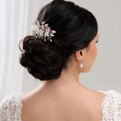 Lace & Favour Crystal Hair Accessories | Rose Gold Hair Accessories*Blaze Ceramic Flowers and Rose Gold Leaves Hair Comb Ivory/ Rose Gold