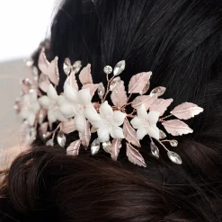 Lace & Favour Crystal Hair Accessories | Rose Gold Hair Accessories*Blaze Ceramic Flowers and Rose Gold Leaves Hair Comb Ivory/ Rose Gold