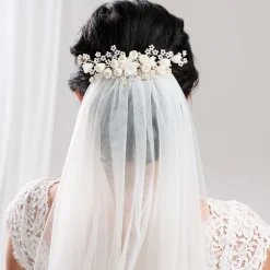 Lace & Favour Pearl Hair Accessories | Silver Hair Accessories*Blossom Porcelain Flowers and Blush Beads Wedding Hair Comb Ivory/Blush/ Silver