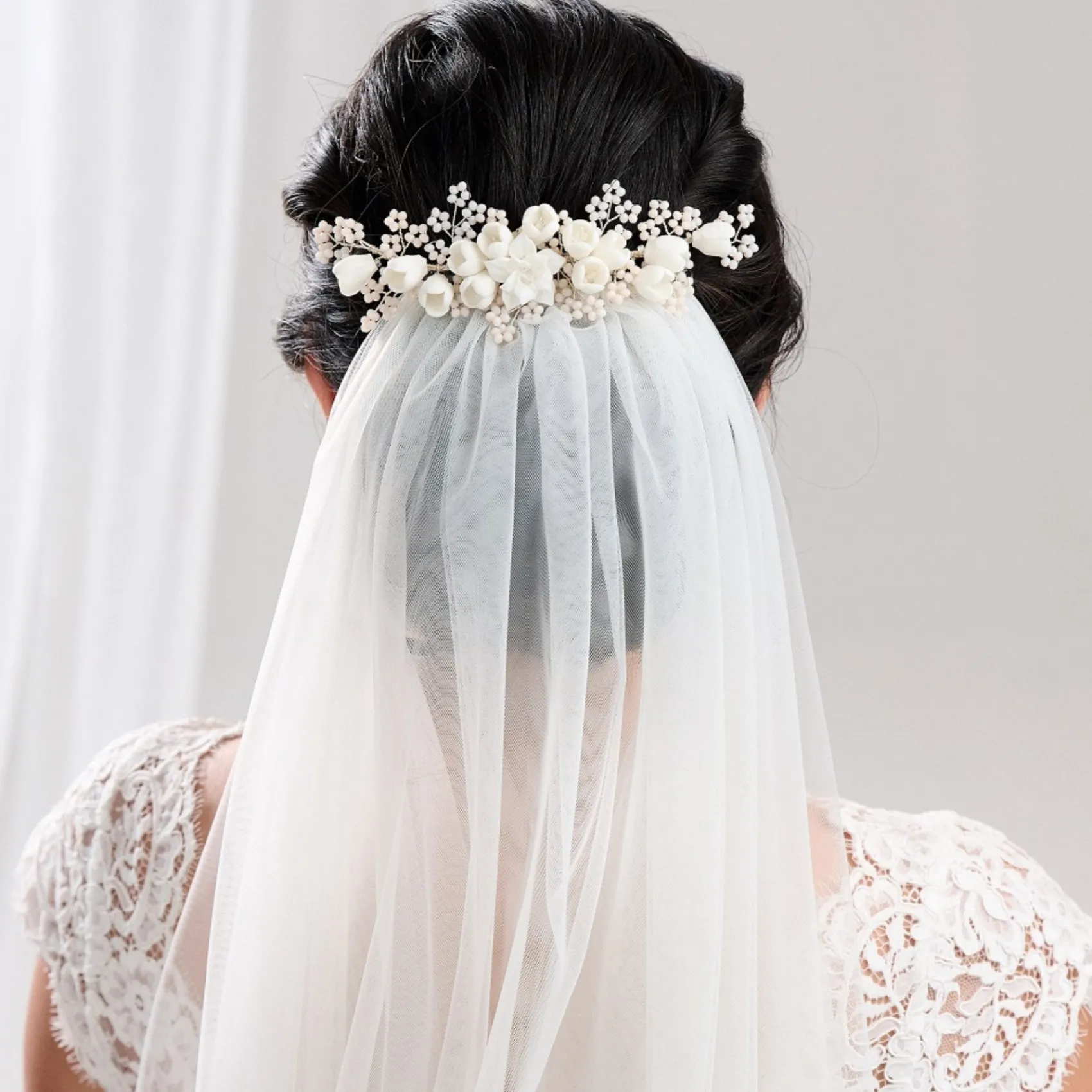 Lace & Favour Pearl Hair Accessories | Silver Hair Accessories*Blossom Porcelain Flowers and Blush Beads Wedding Hair Comb Ivory/Blush/ Silver