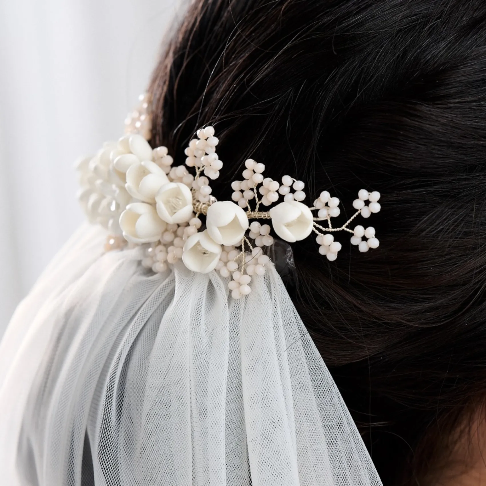 Lace & Favour Pearl Hair Accessories | Silver Hair Accessories*Blossom Porcelain Flowers and Blush Beads Wedding Hair Comb Ivory/Blush/ Silver