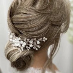 Lace & Favour Pearl Hair Accessories | Silver Hair Accessories*Blossom Porcelain Flowers and Blush Beads Wedding Hair Comb Ivory/Blush/ Silver