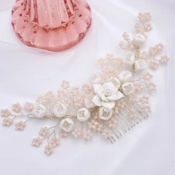 Lace & Favour Pearl Hair Accessories | Silver Hair Accessories*Blossom Porcelain Flowers and Blush Beads Wedding Hair Comb Ivory/Blush/ Silver