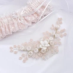Lace & Favour Pearl Hair Accessories | Silver Hair Accessories*Blossom Porcelain Flowers and Blush Beads Wedding Hair Comb Ivory/Blush/ Silver