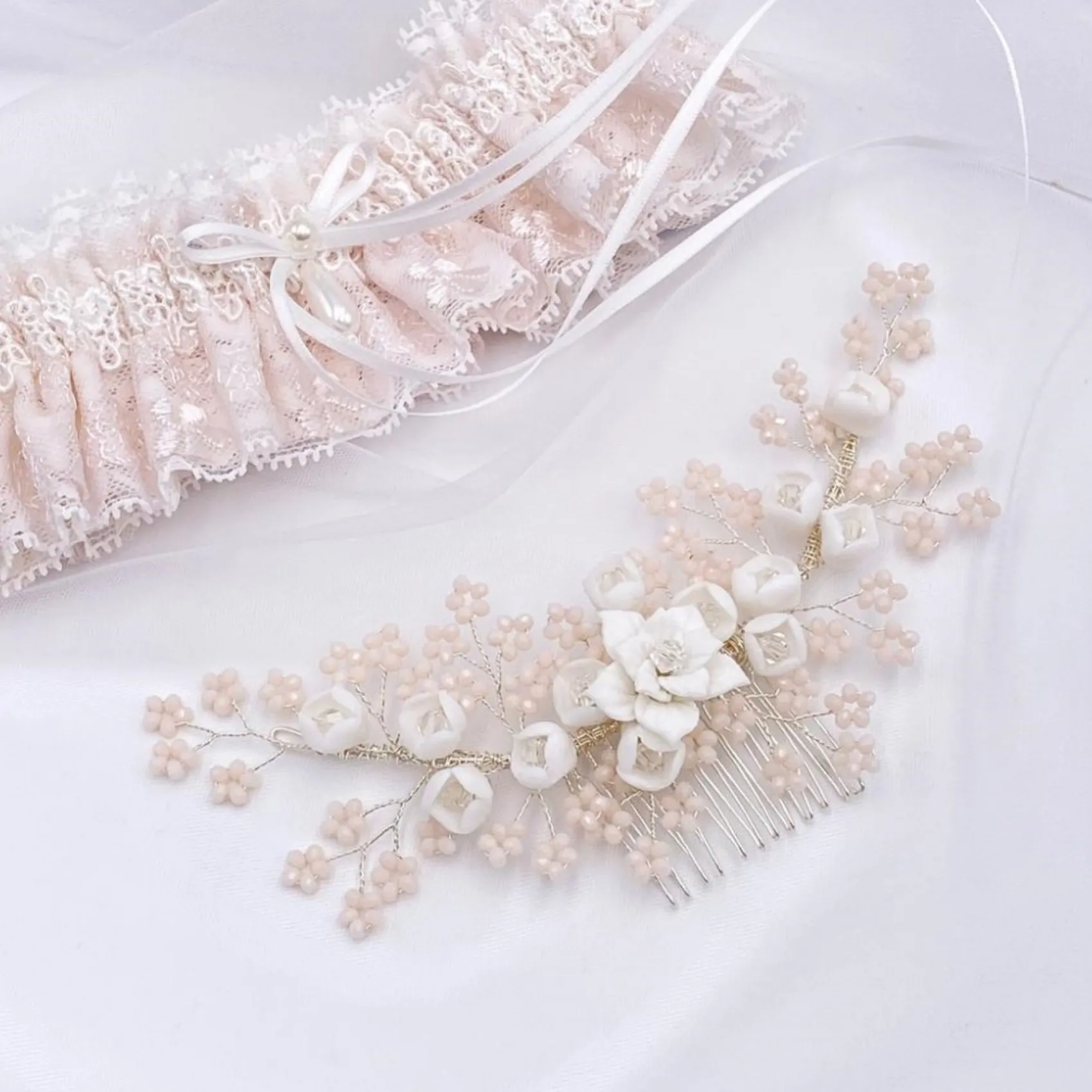 Lace & Favour Pearl Hair Accessories | Silver Hair Accessories*Blossom Porcelain Flowers and Blush Beads Wedding Hair Comb Ivory/Blush/ Silver