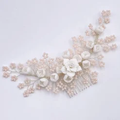 Lace & Favour Pearl Hair Accessories | Silver Hair Accessories*Blossom Porcelain Flowers and Blush Beads Wedding Hair Comb Ivory/Blush/ Silver