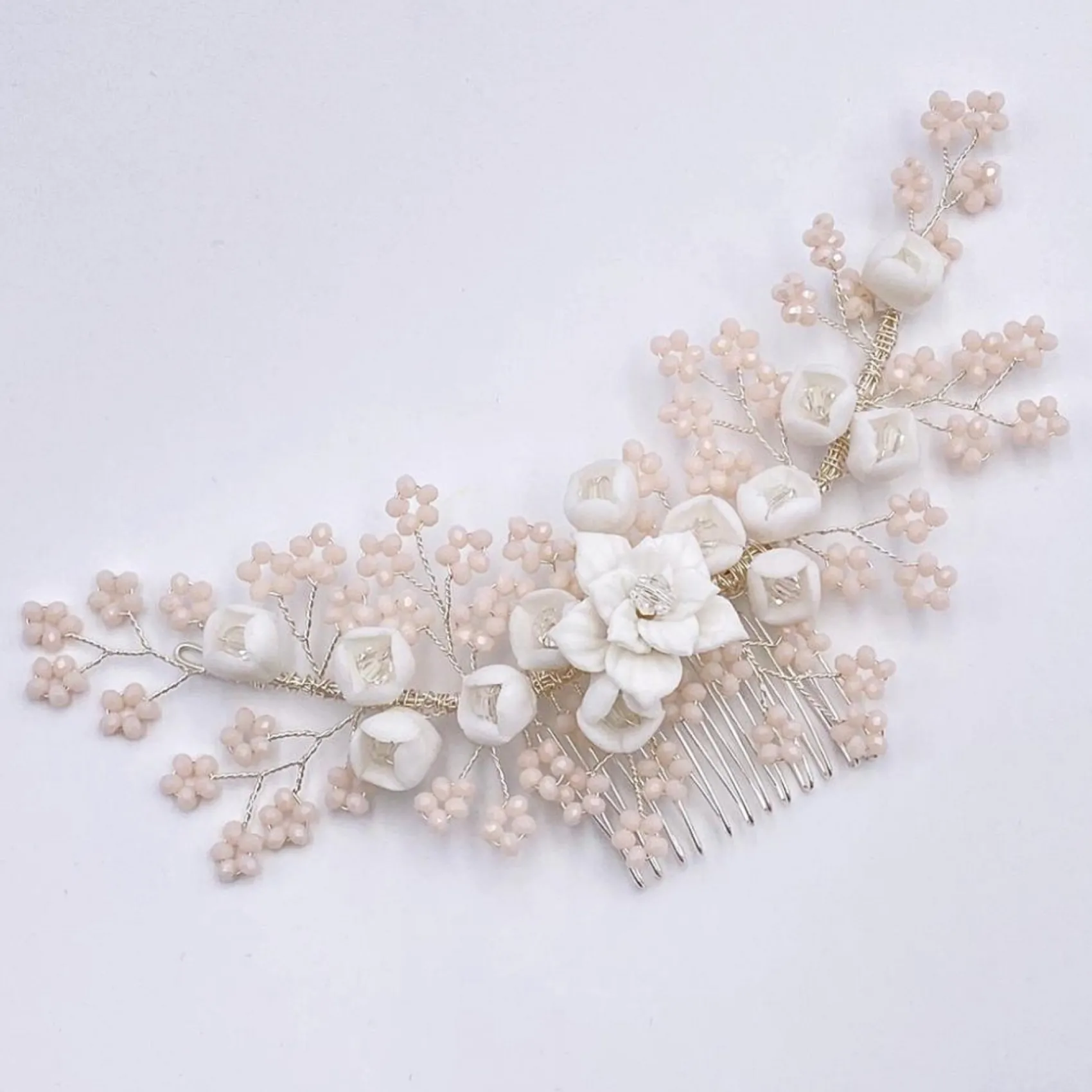 Lace & Favour Pearl Hair Accessories | Silver Hair Accessories*Blossom Porcelain Flowers and Blush Beads Wedding Hair Comb Ivory/Blush/ Silver