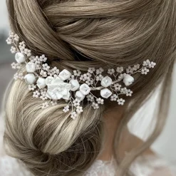 Lace & Favour Pearl Hair Accessories | Silver Hair Accessories*Blossom Porcelain Flowers and Blush Beads Wedding Hair Comb Ivory/Blush/ Silver