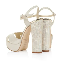 Freya Rose Wedding Guest Shoes | Wedding Shoes*Bonnie Suede Mother of Pearl Block Heel Platform Sandals Champagne