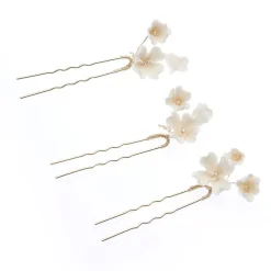 Poirier Gold Hair Accessories | Bridesmaid Hair Accessories*Camellia Set of 3 Ivory Porcelain Flower Gold Hair Pins Ivory/ Gold