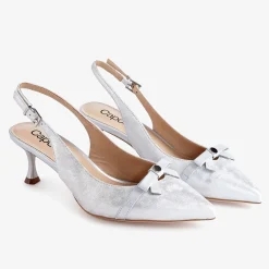 Capollini Wedding Guest Shoes | Mother Of The Bride Shoes*Allegra Nubuck Leather Slingback Heels w Bow Detail Silver