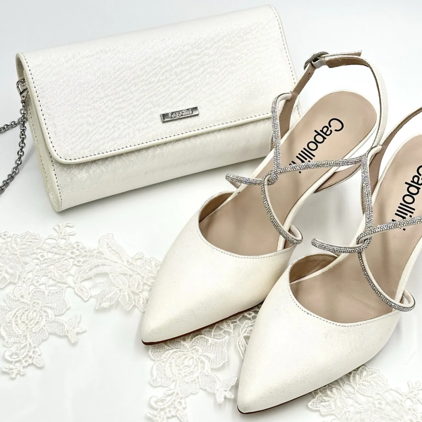 Capollini Party Shoes | Wedding Guest Shoes*Charlotte Leather Diamante Cross Strap Slingbacks Cream
