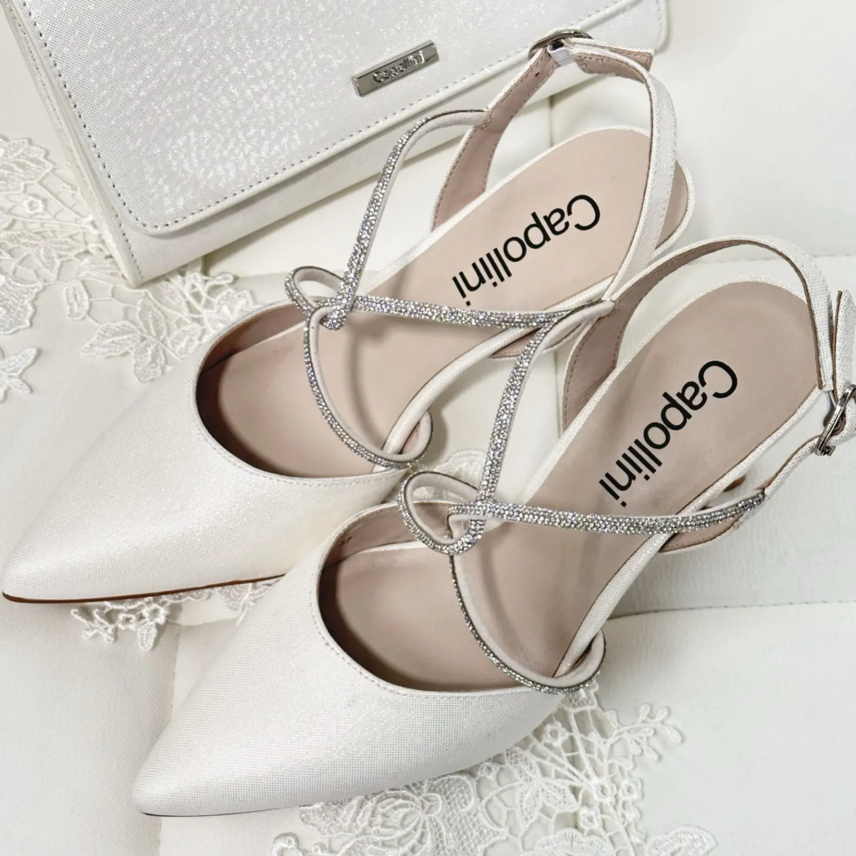 Capollini Party Shoes | Wedding Guest Shoes*Charlotte Leather Diamante Cross Strap Slingbacks Cream