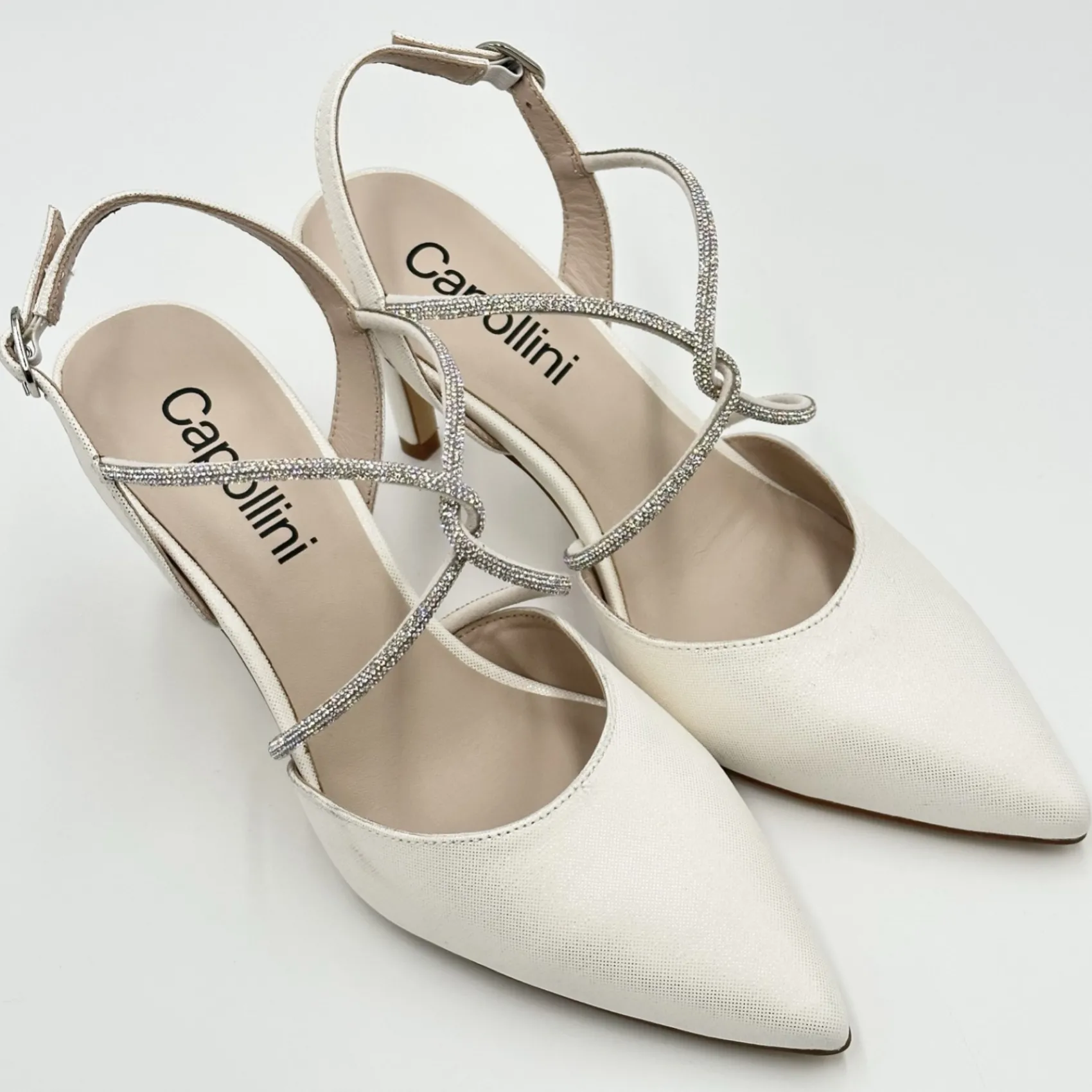 Capollini Party Shoes | Wedding Guest Shoes*Charlotte Leather Diamante Cross Strap Slingbacks Cream