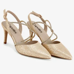 Capollini Sparkly Prom Shoes | Gold Prom Shoes*Charlotte Gold Leather Diamante Cross Strap Slingbacks Gold Dorado