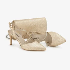 Capollini Sparkly Prom Shoes | Gold Prom Shoes*Charlotte Gold Leather Diamante Cross Strap Slingbacks Gold Dorado
