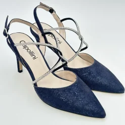 Capollini Party Shoes | Wedding Guest Shoes*Charlotte Nubuck Leather Diamante Cross Strap Slingback Navy