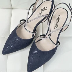 Capollini Party Shoes | Wedding Guest Shoes*Charlotte Nubuck Leather Diamante Cross Strap Slingback Navy